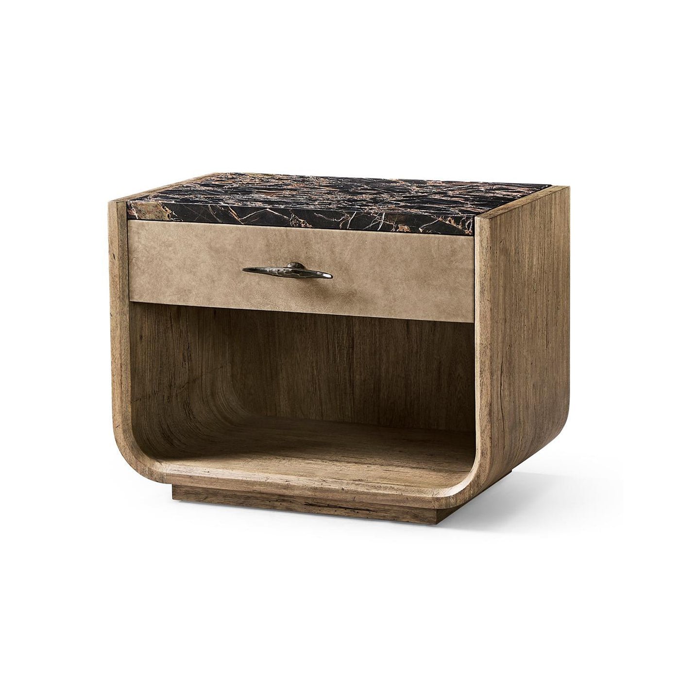 Rustic nightstand front view with marble top.