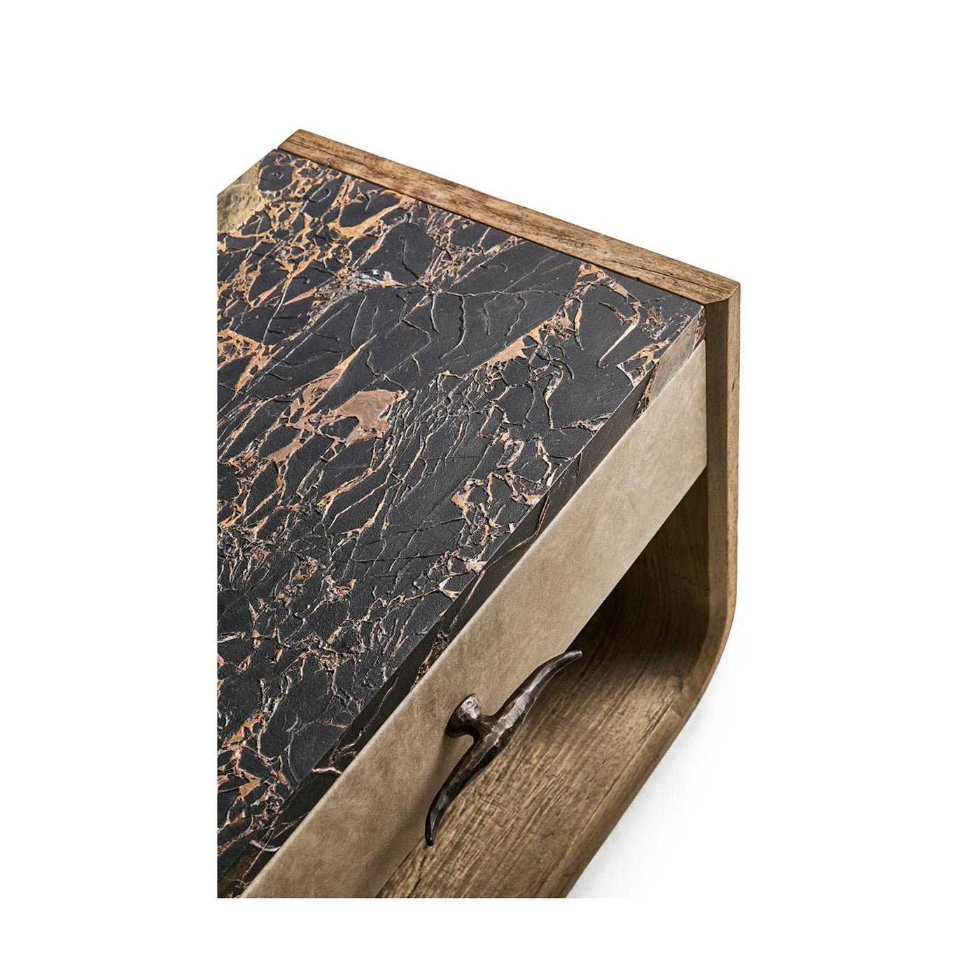 Edge and handle details on rustic nightstand.