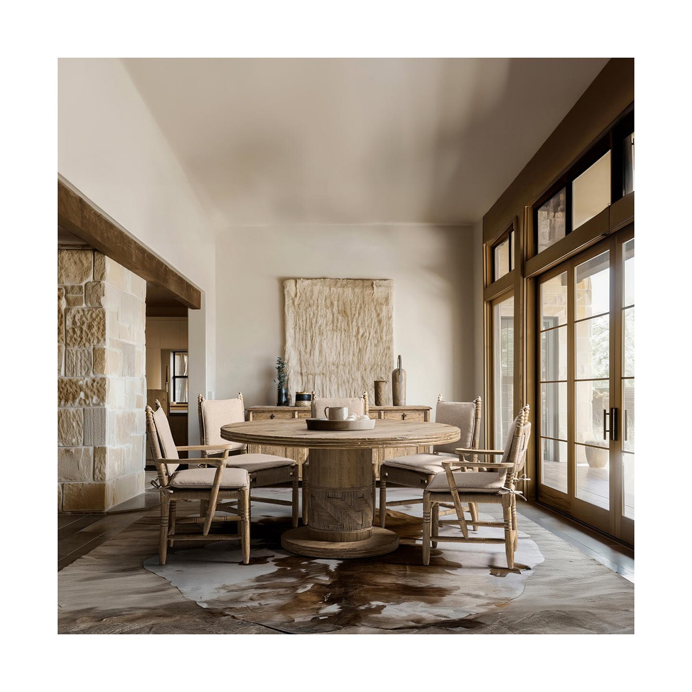 Dining room with rustic round pedestal table and chairs.