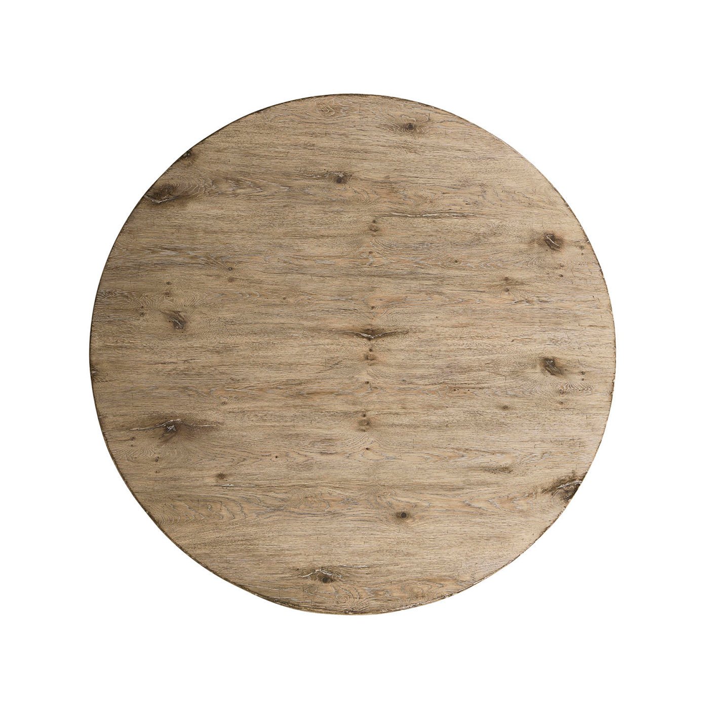 Top-down view of rustic round dining table surface.