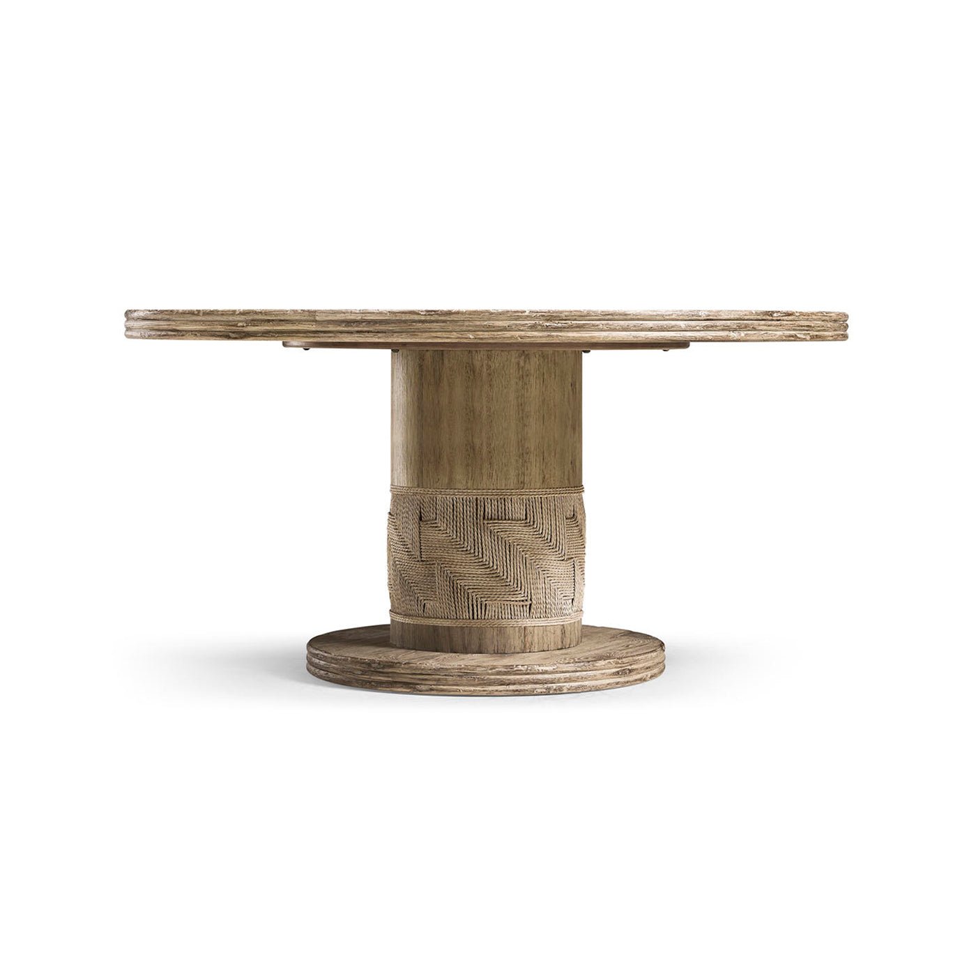 Side profile of round pedestal dining table.