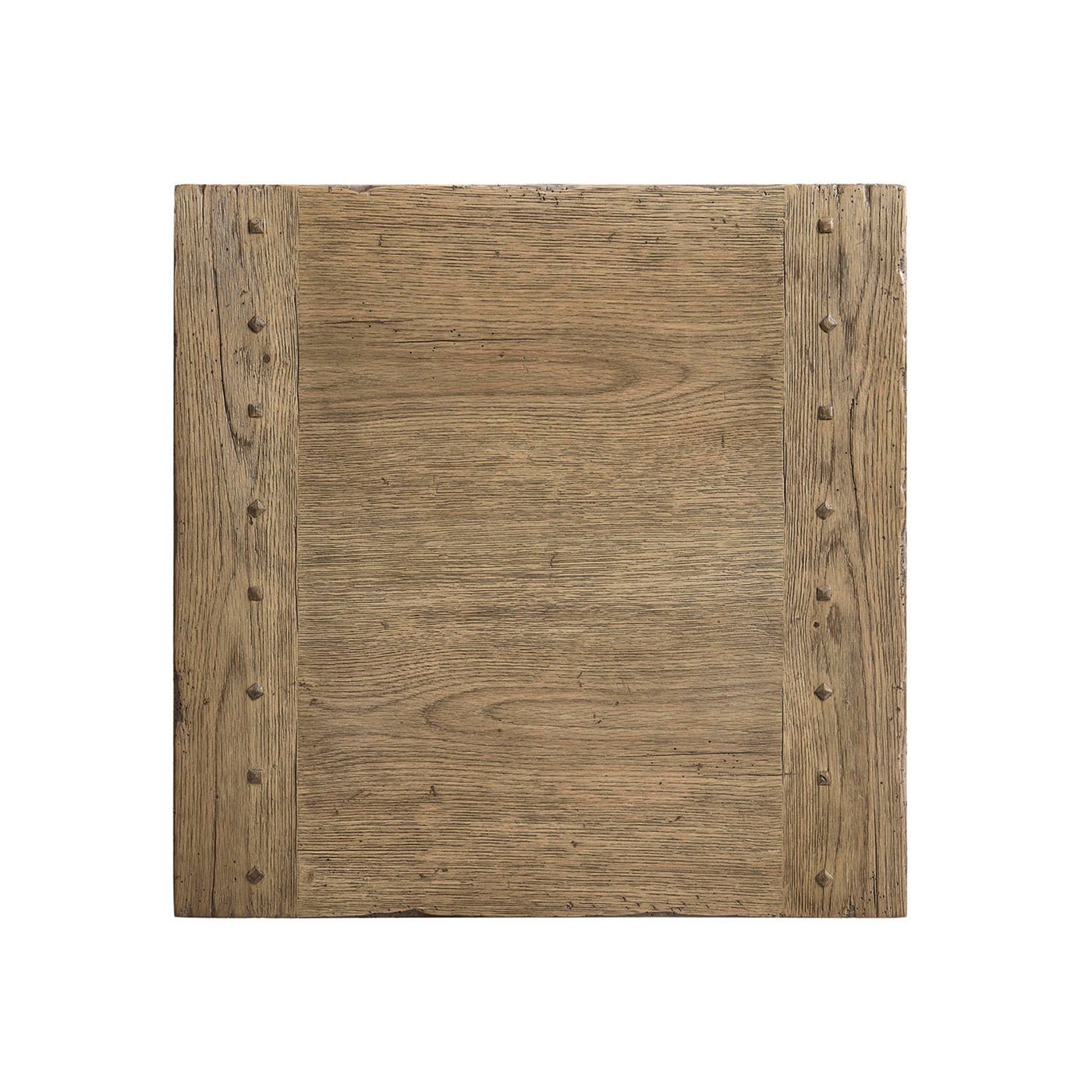 Top-down view of rustic modern square table surface.
