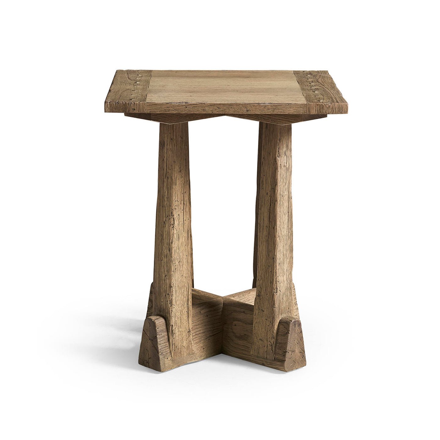 Rustic modern square side table front angle view.