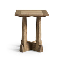 Rustic modern square side table front angle view.