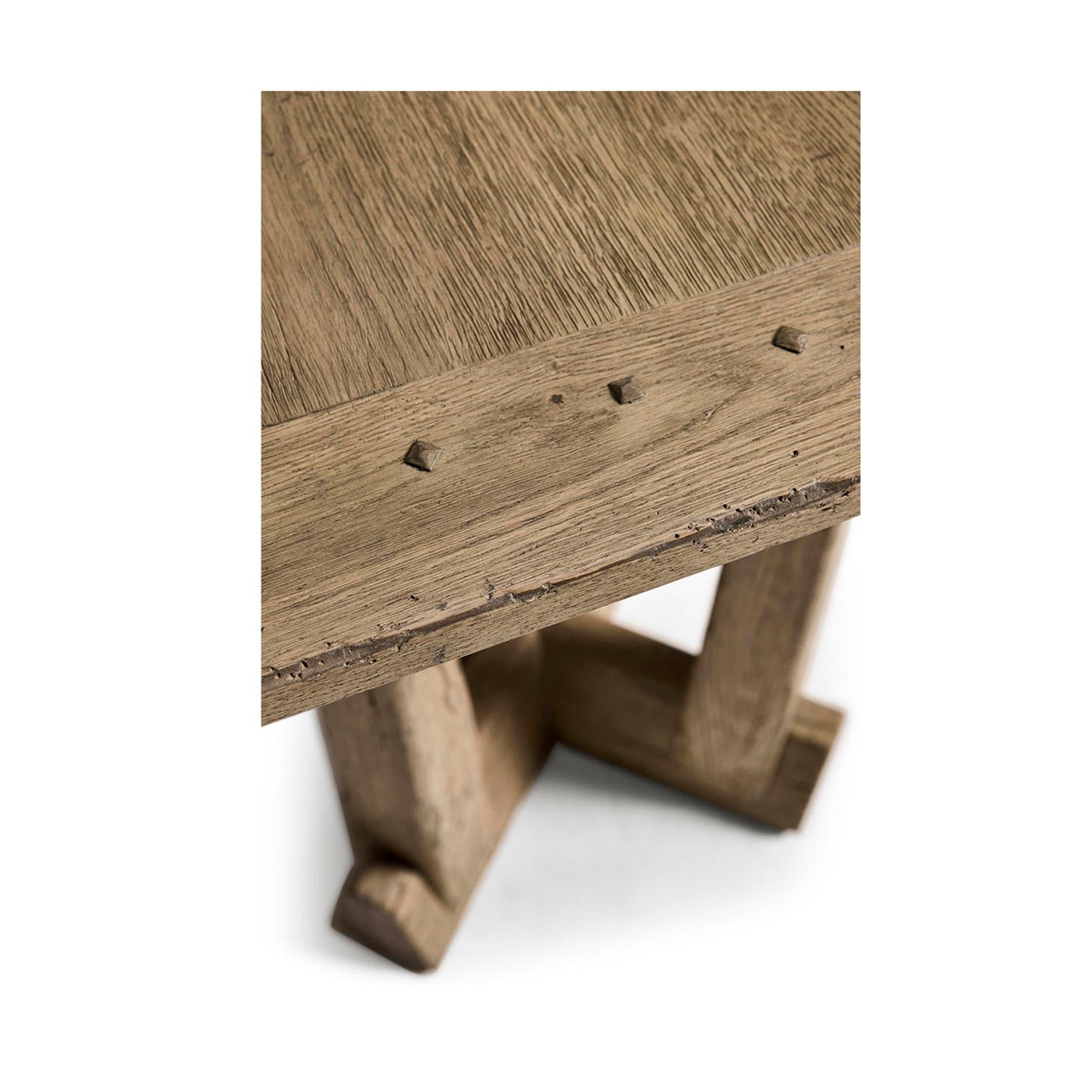 Detailed view of rustic modern table base and corner texture.