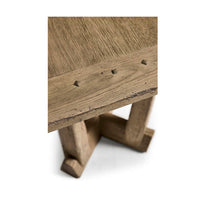 Detailed view of rustic modern table base and corner texture.