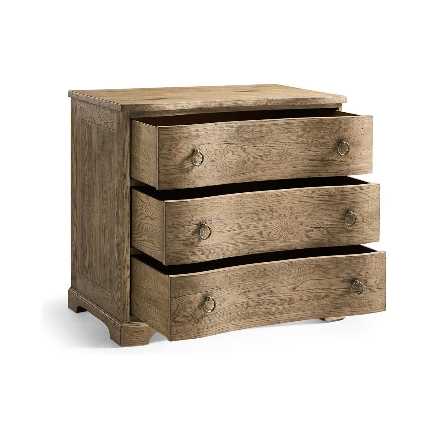 Rustic modern chest with drawers open, angled view