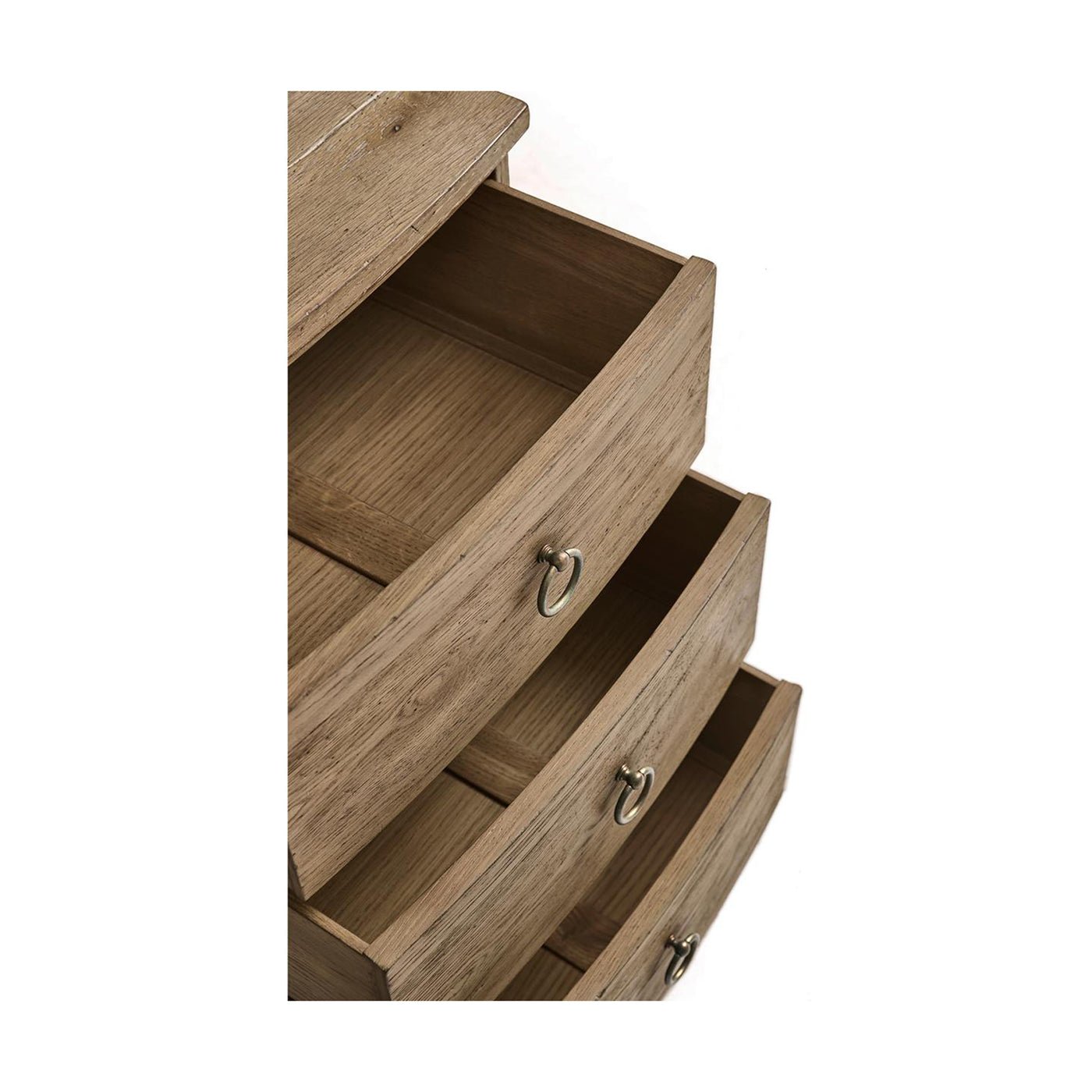 Rustic modern nightstand, open drawers from top angle.