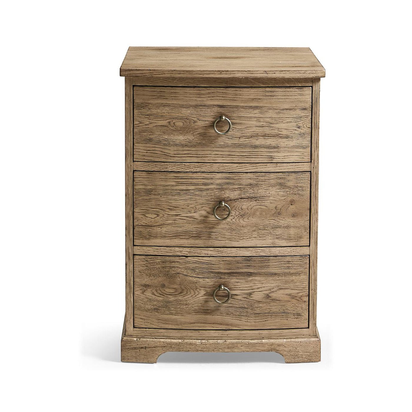 Rustic modern nightstand, front view, three drawers closed.