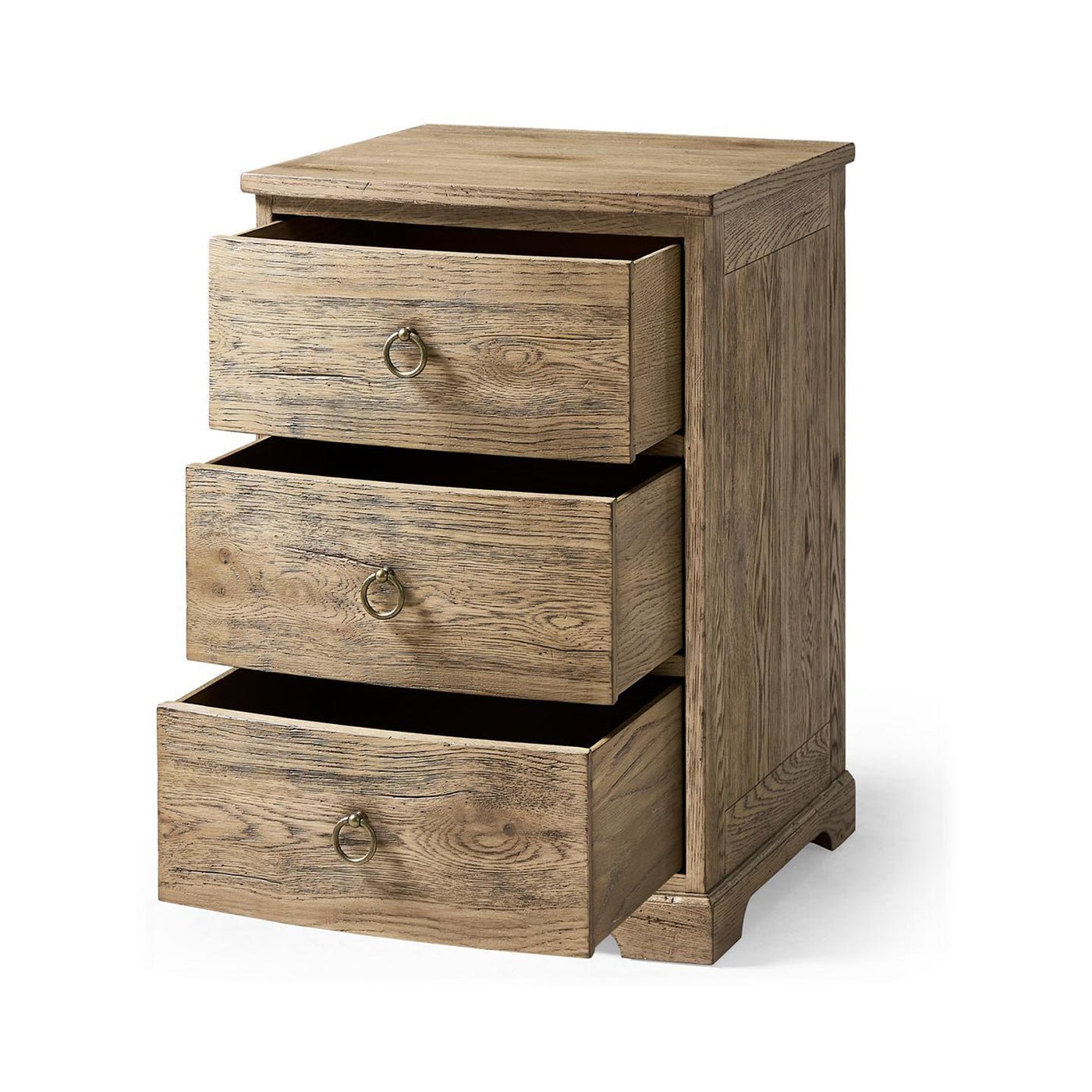 Rustic modern nightstand, drawers open, side view.
