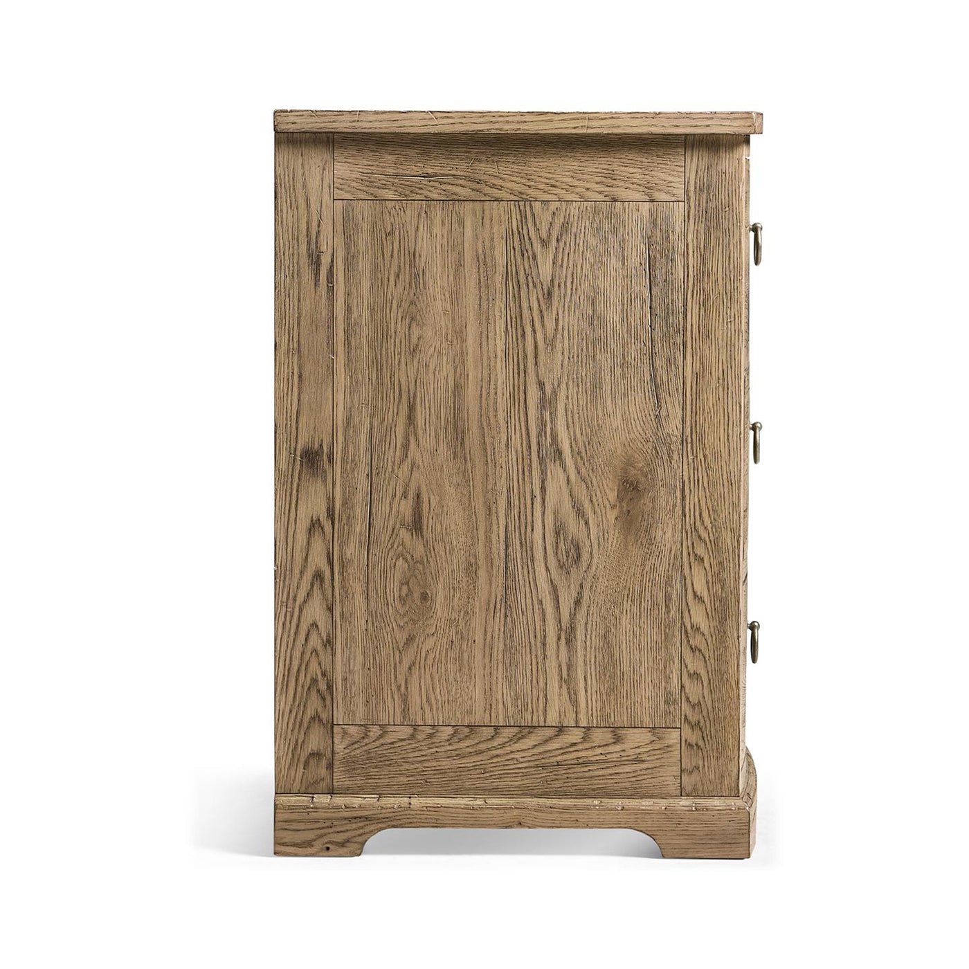 Rustic modern nightstand, side view, wood grain detail.