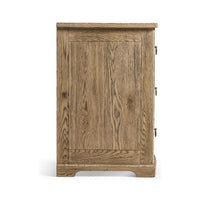 Rustic modern nightstand, side view, wood grain detail.