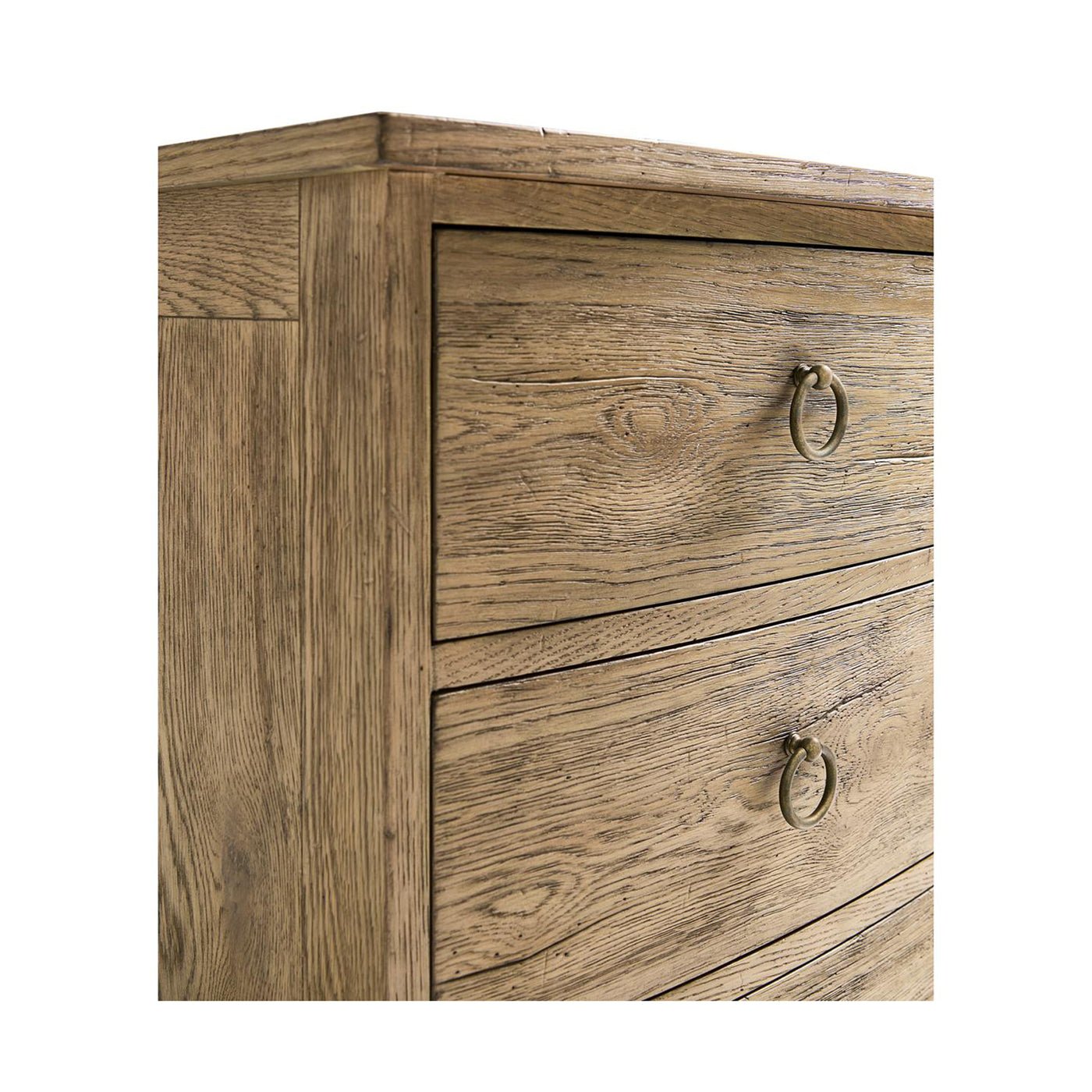 Rustic modern nightstand, side panel and top drawer close-up.