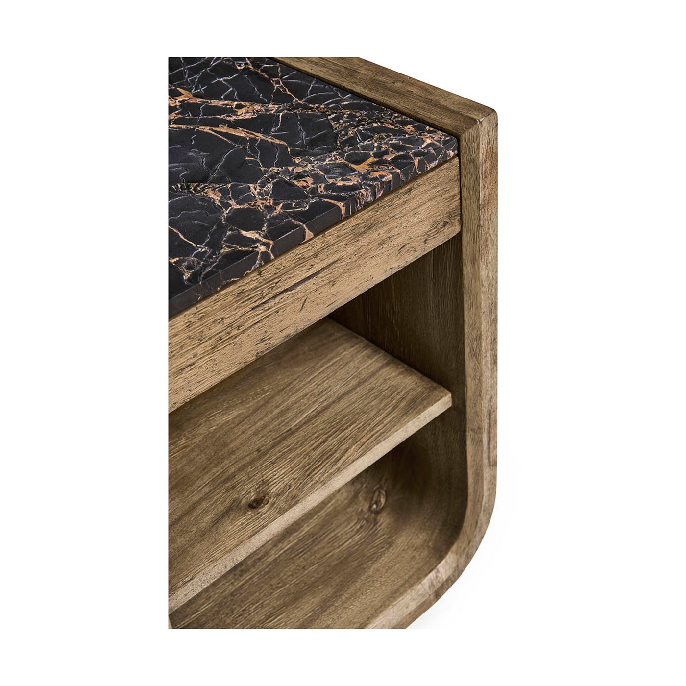 Close-up of nightstand corner, wood texture, marble detail.