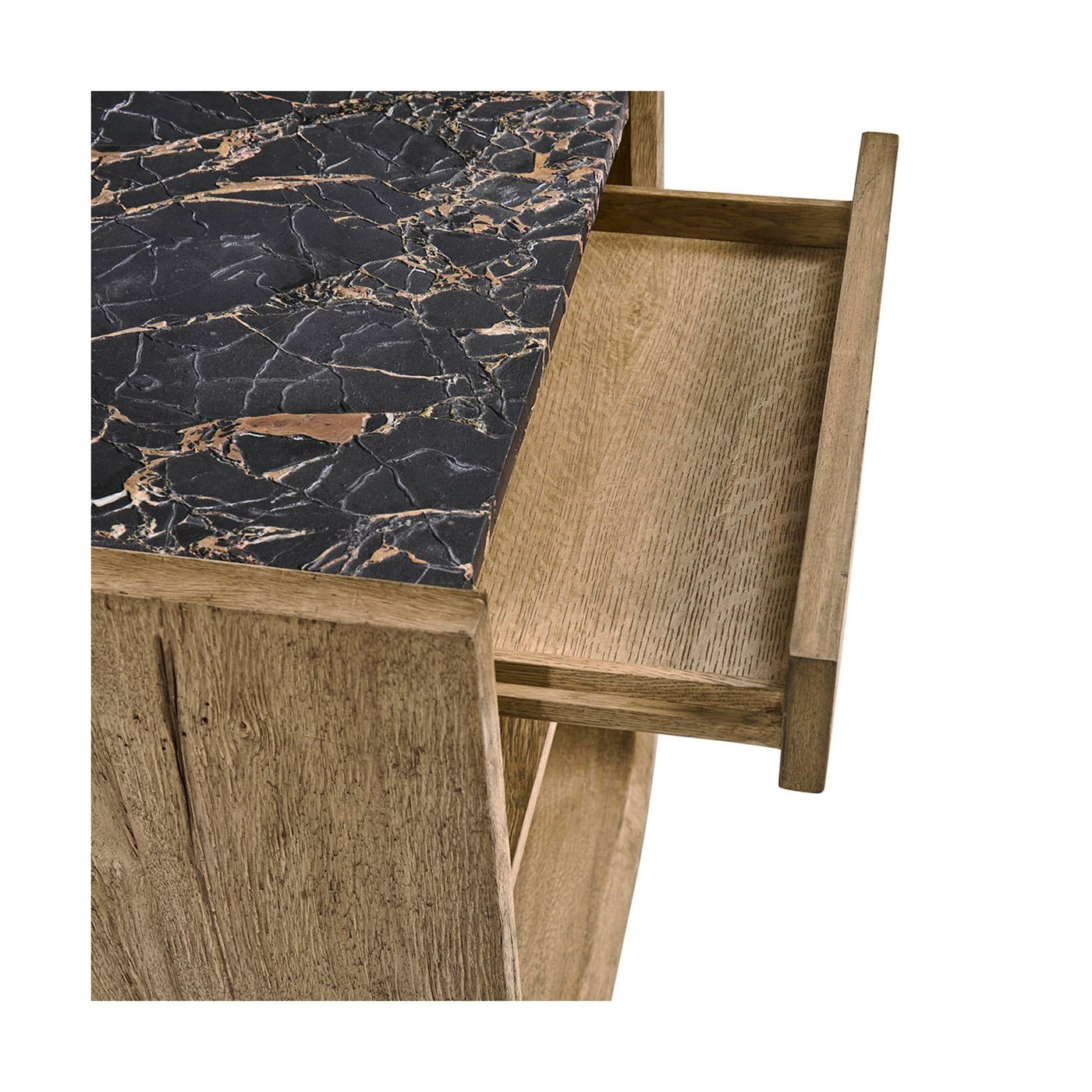 Close-up of open drawer, showcasing wood interior and marble.