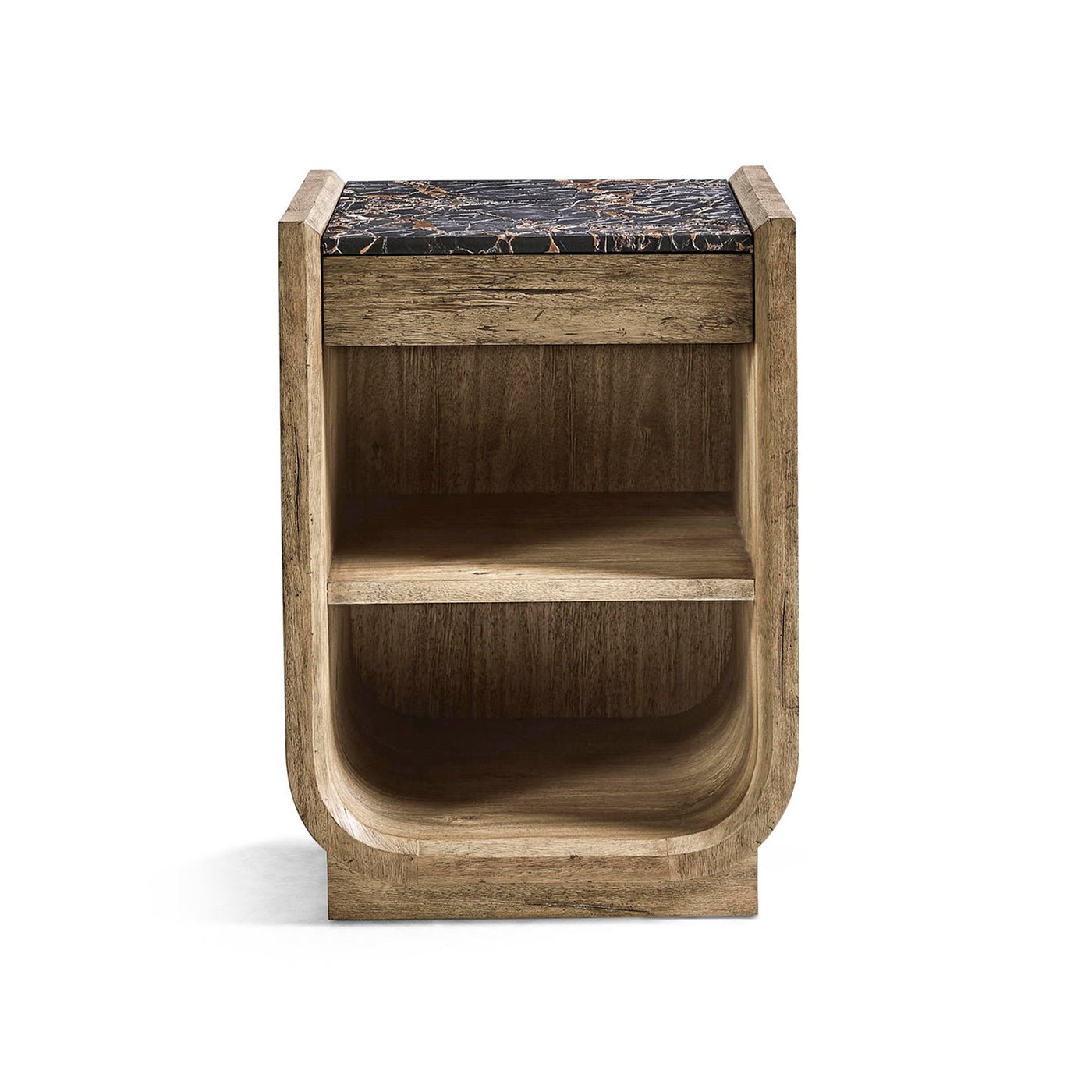 Rustic nightstand front view, showing shelves and marble top.