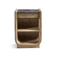 Rustic nightstand front view, showing shelves and marble top.
