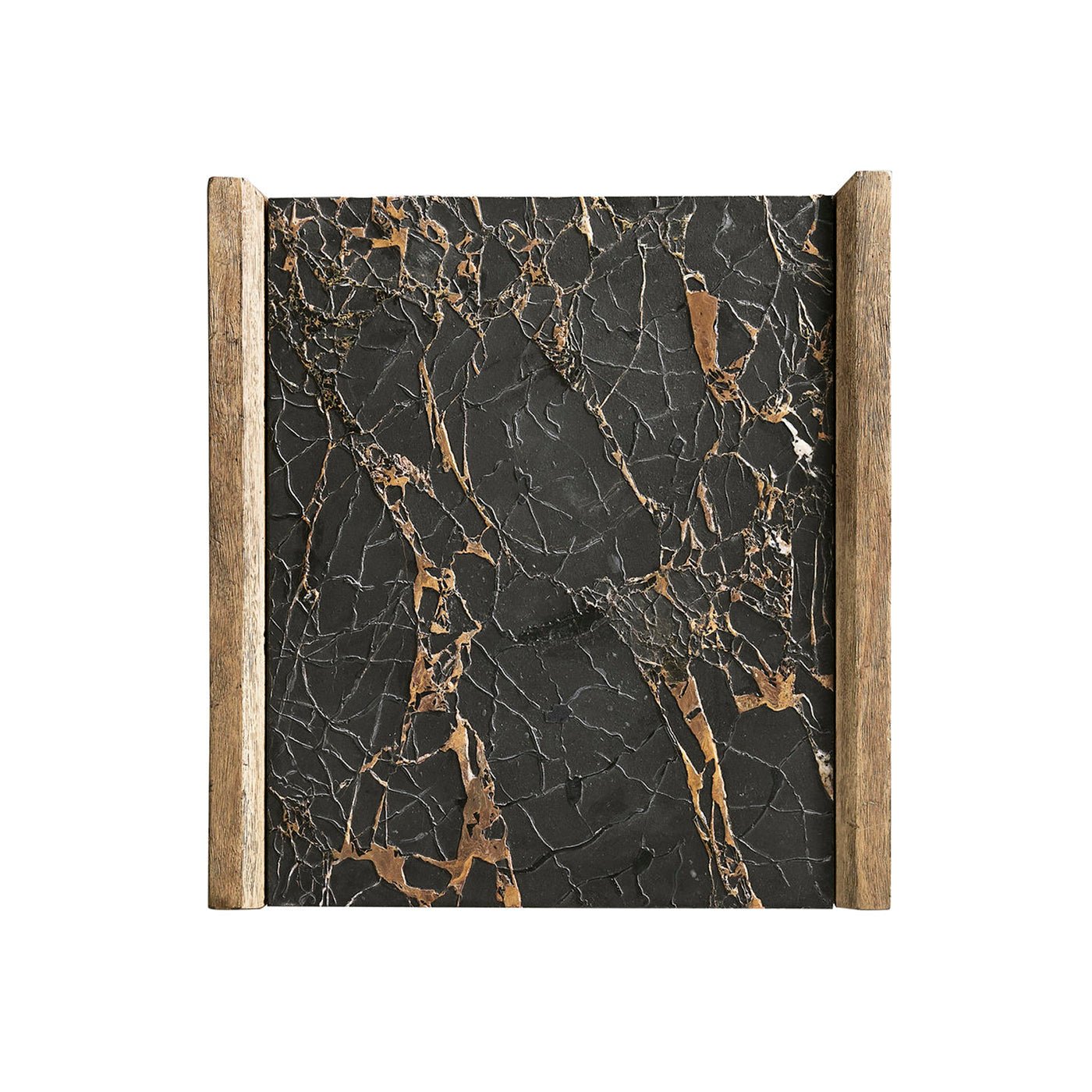 Top view of marble surface on rustic nightstand.