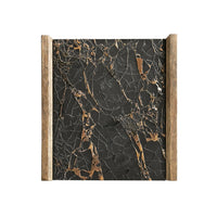Top view of marble surface on rustic nightstand.