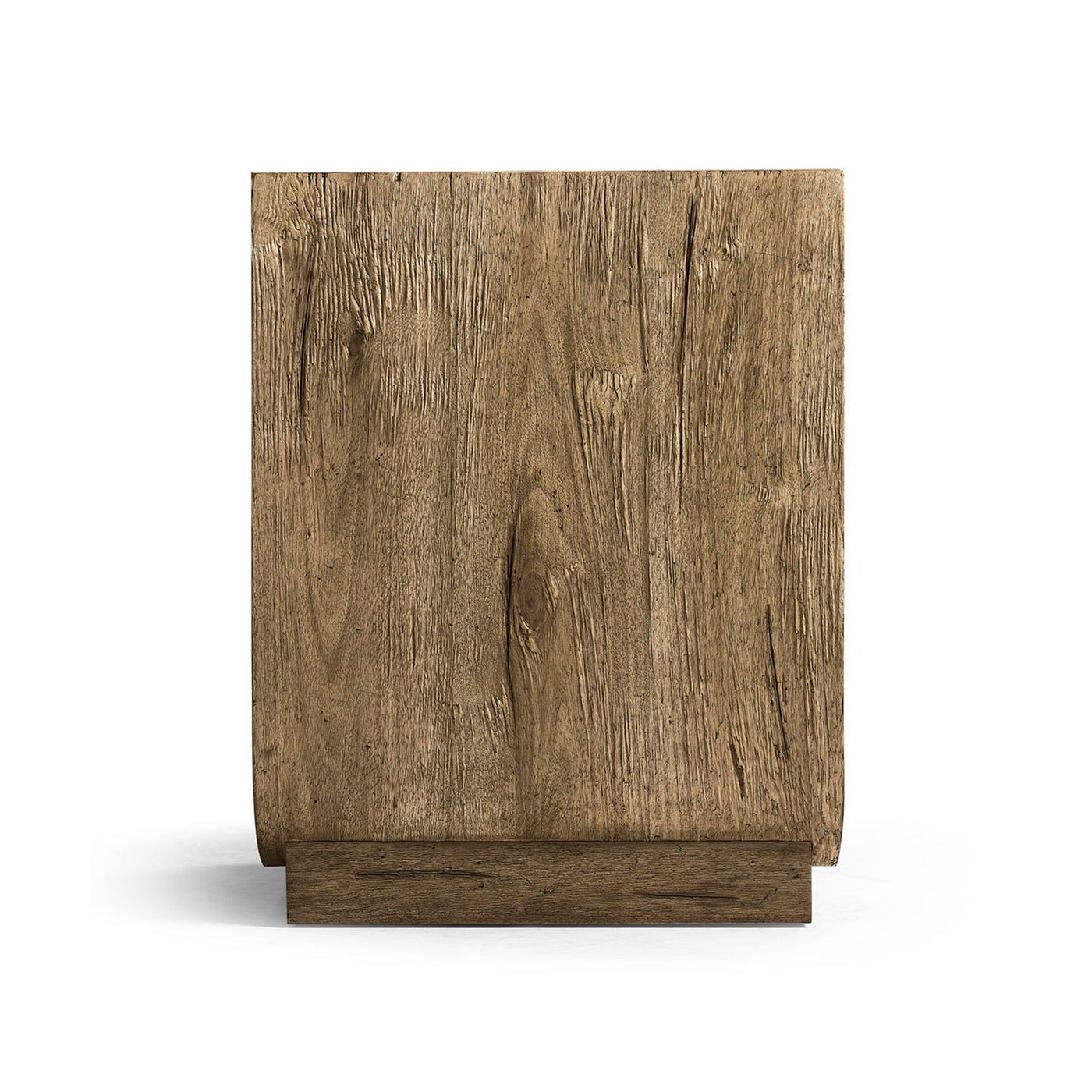 Back view of rustic wood nightstand, sturdy design.