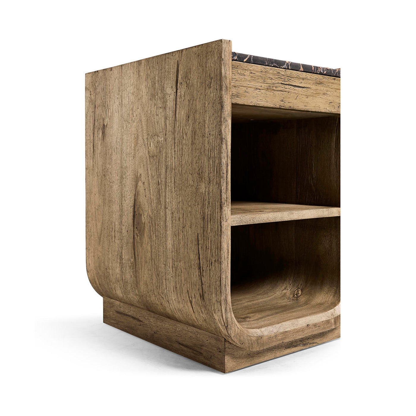 Side angle of nightstand, showing shelves and base.