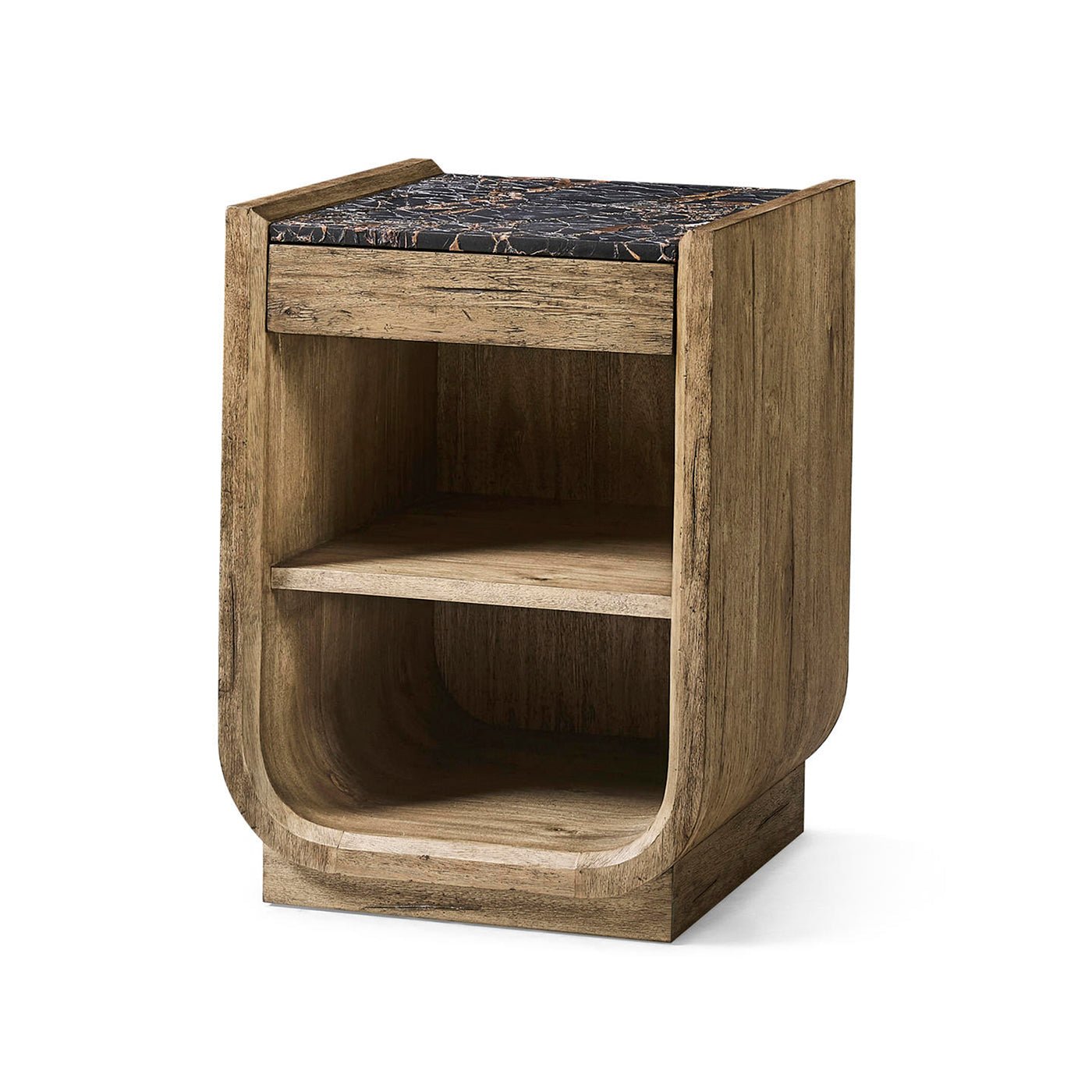 Rustic wood nightstand angled view, marble top visible.