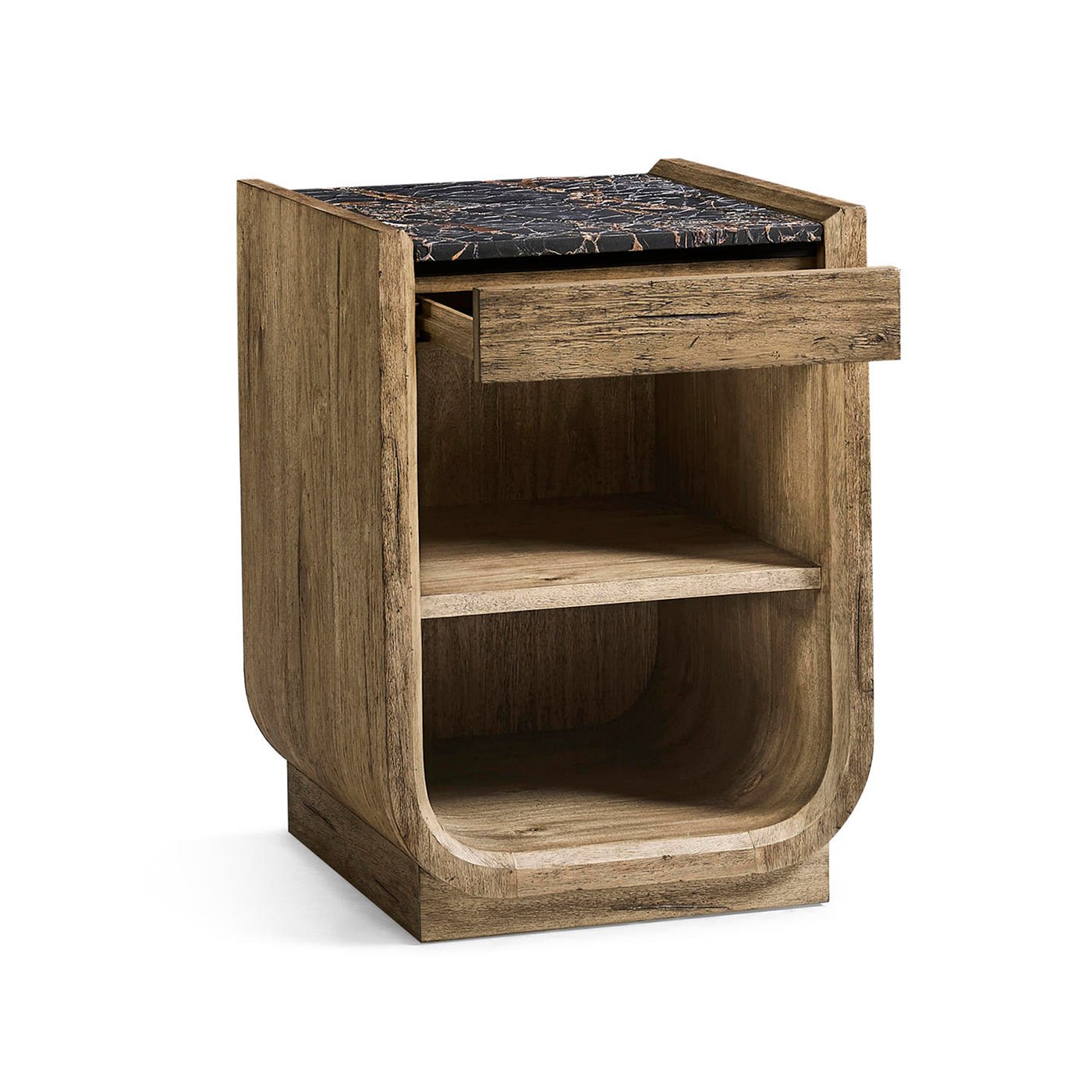 Nightstand side view with drawer open, marble top visible.