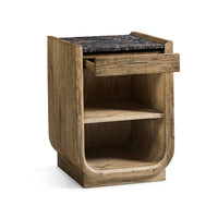 Nightstand side view with drawer open, marble top visible.