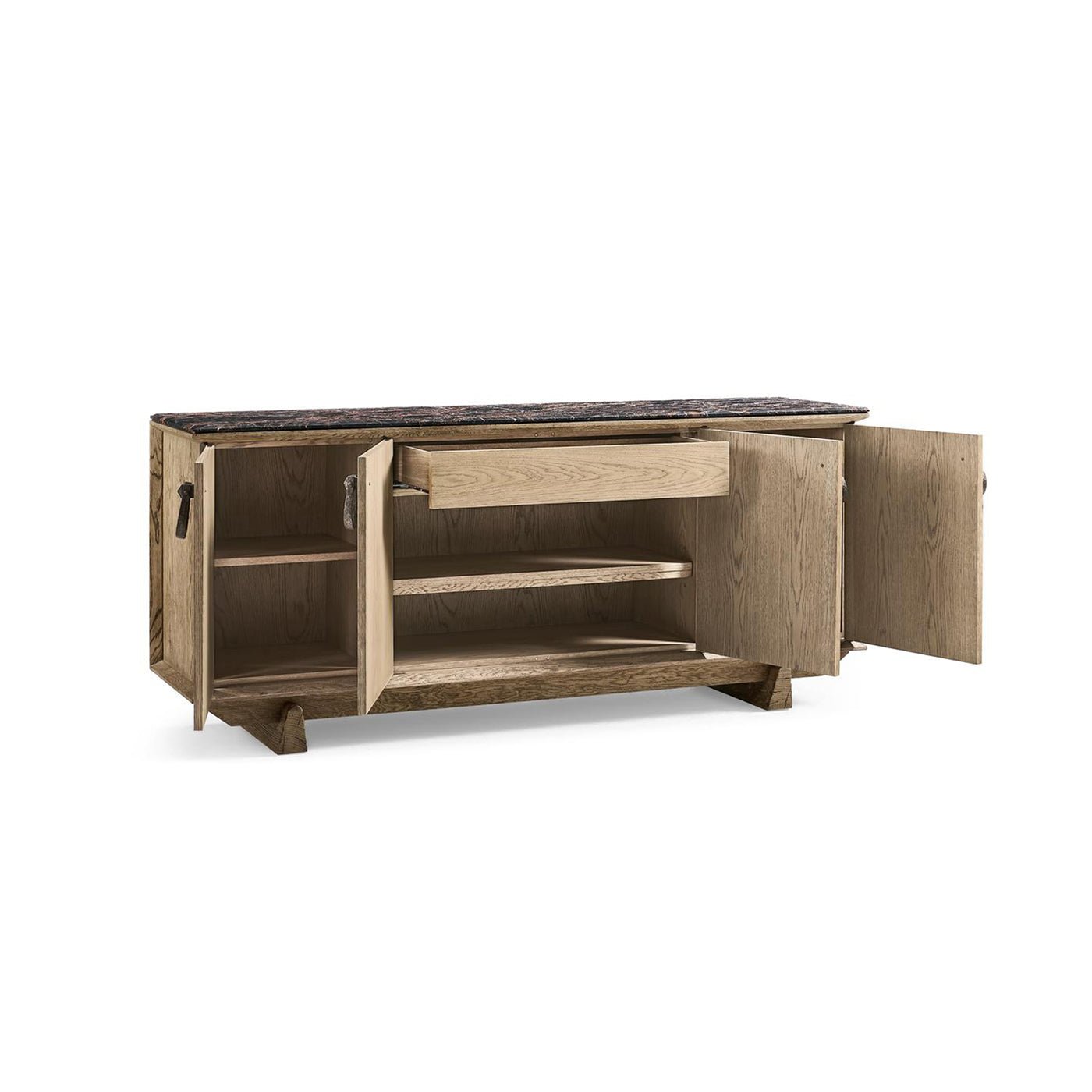 Open rustic buffet showing interior shelves and drawers.