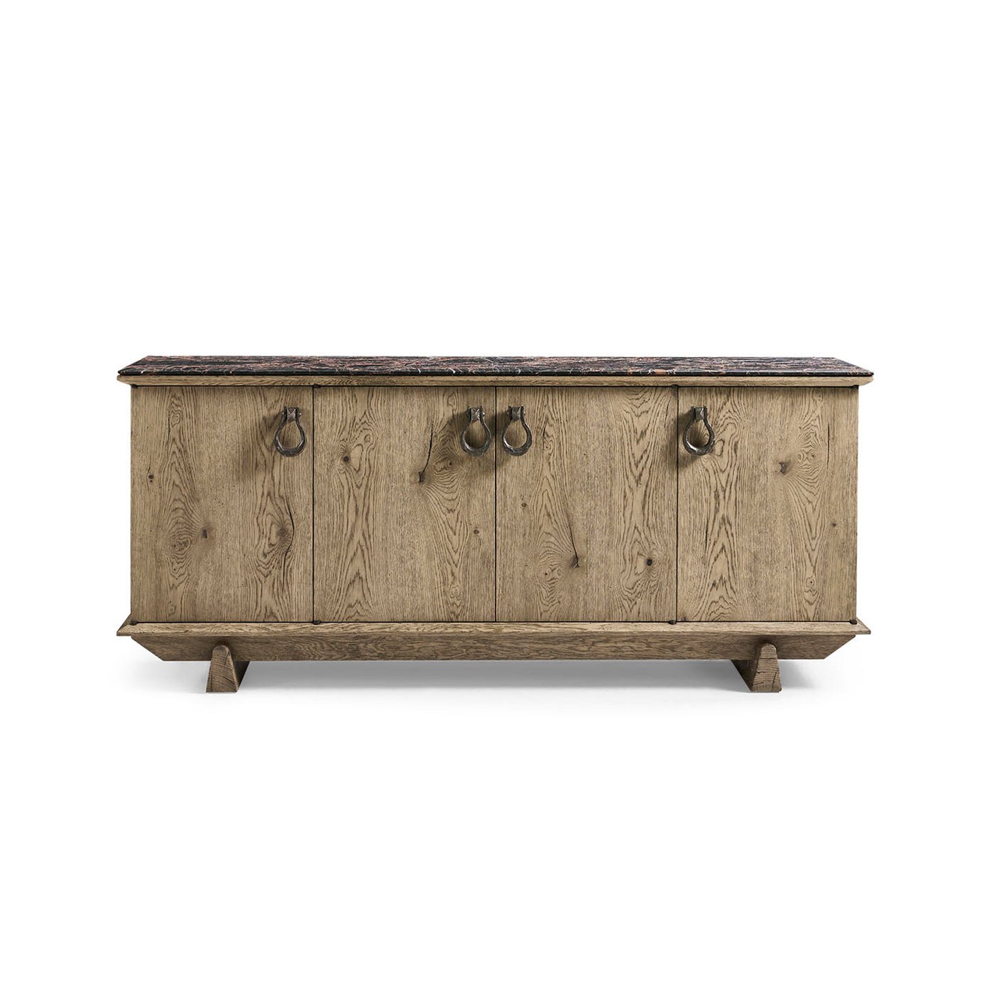 Front view of rustic oak and marble buffet.