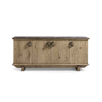 Front view of rustic oak and marble buffet.