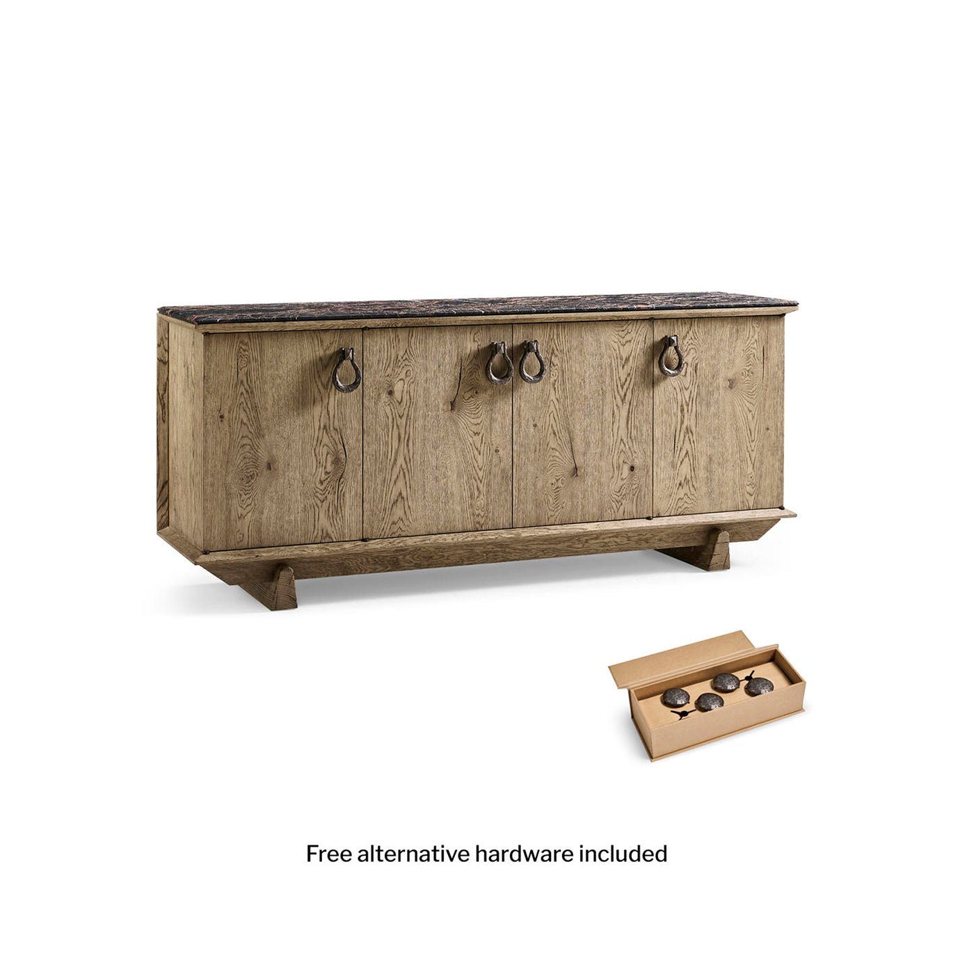Rustic buffet with included alternative hardware box.