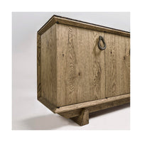 Side angle of rustic oak buffet.