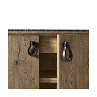 Rustic buffet door partially open revealing interior.