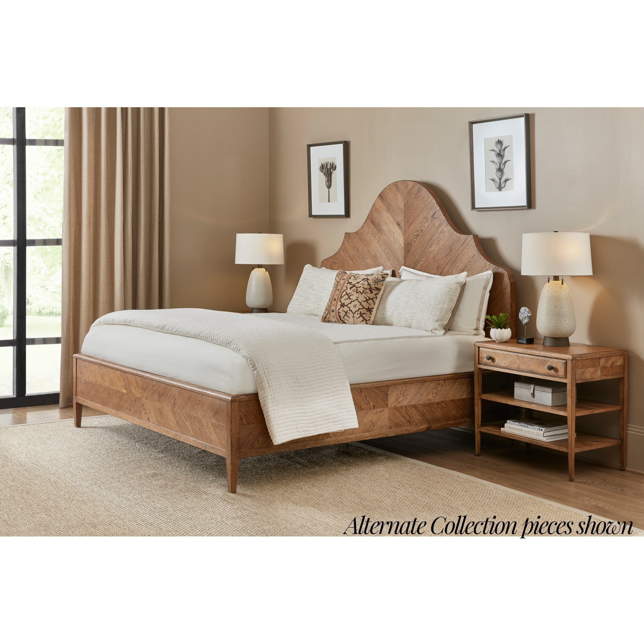 Rustic oak bedside table in bedroom, styled setting.