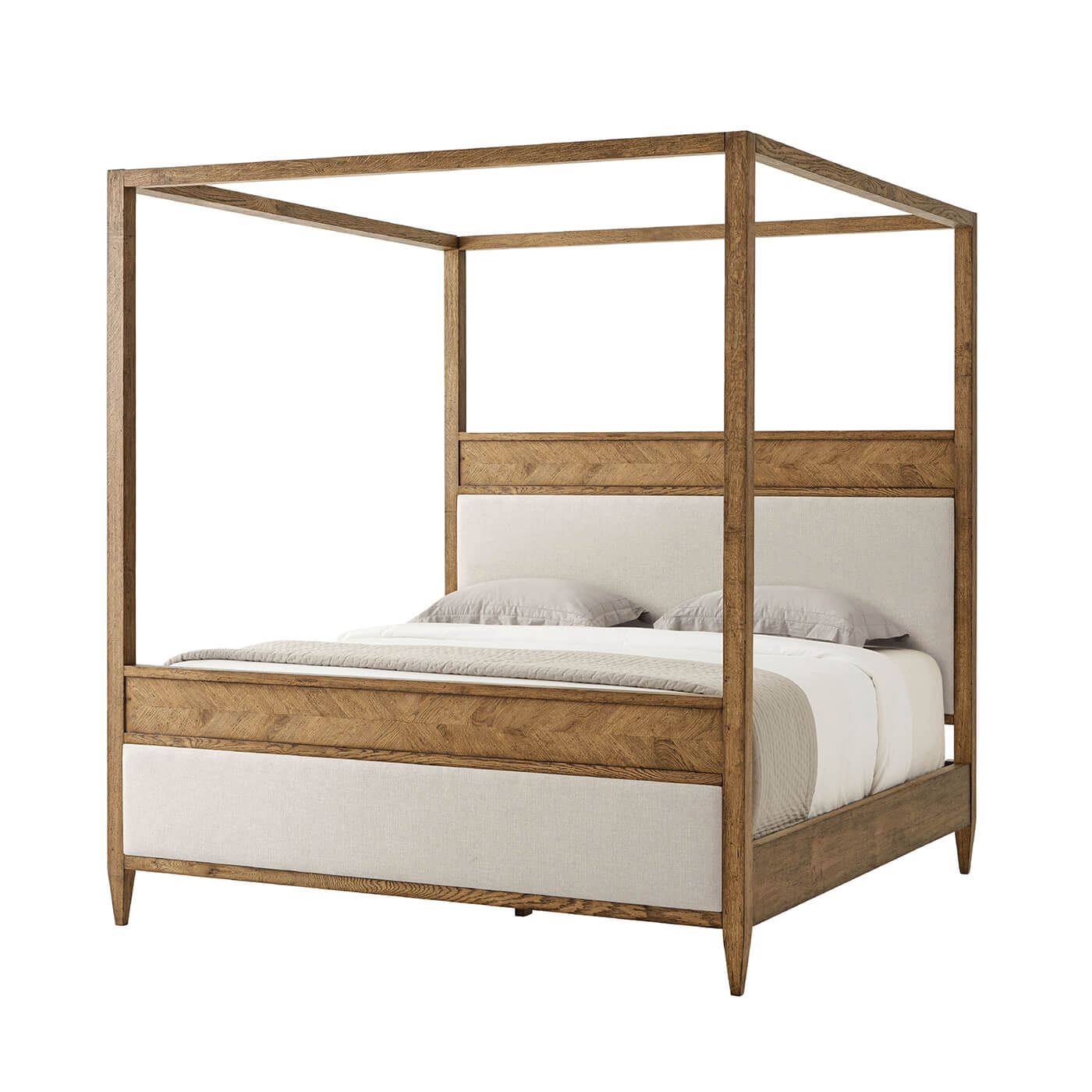 Rustic oak canopy bed with beige upholstery, full view.