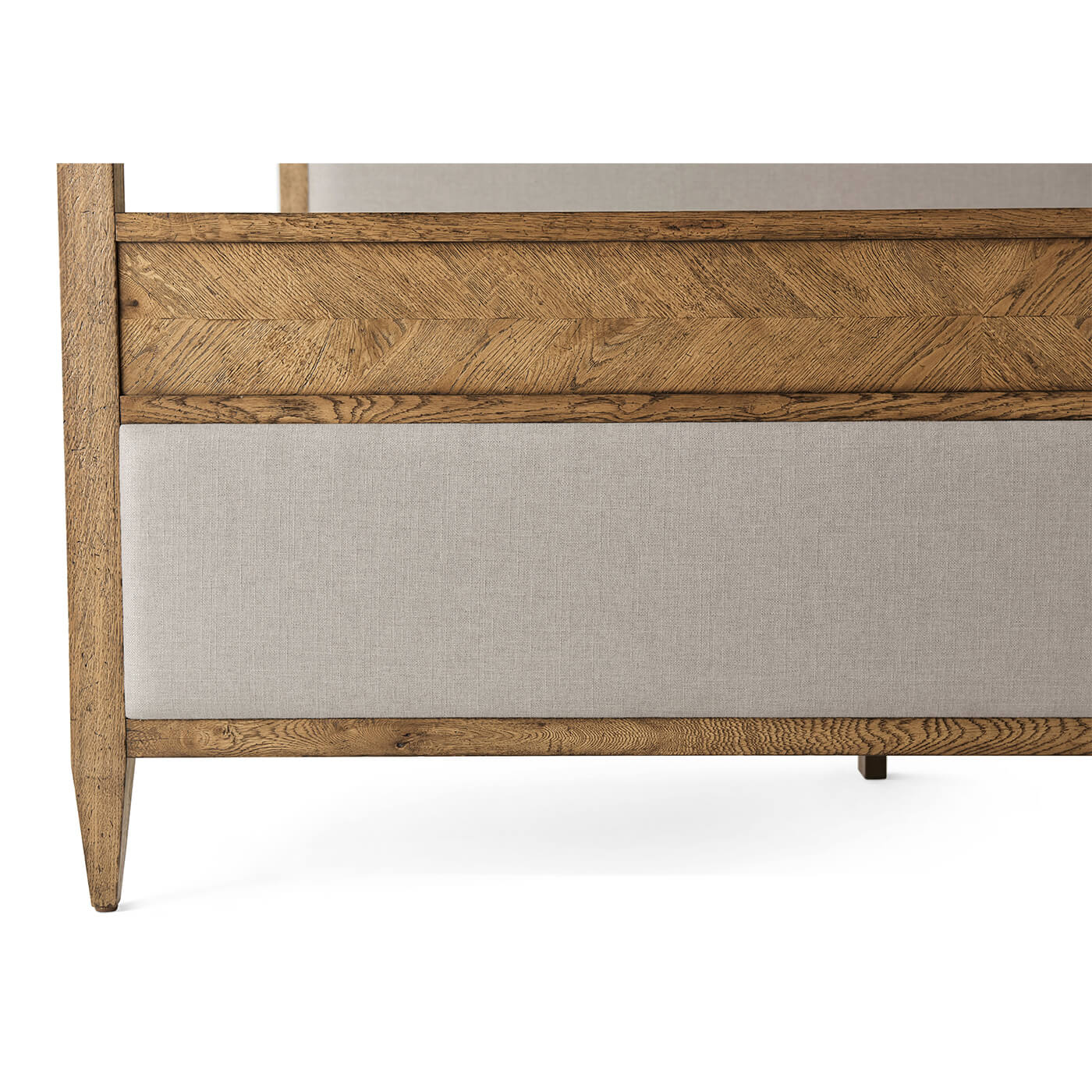 Rustic oak bed frame details, close-up, California King.