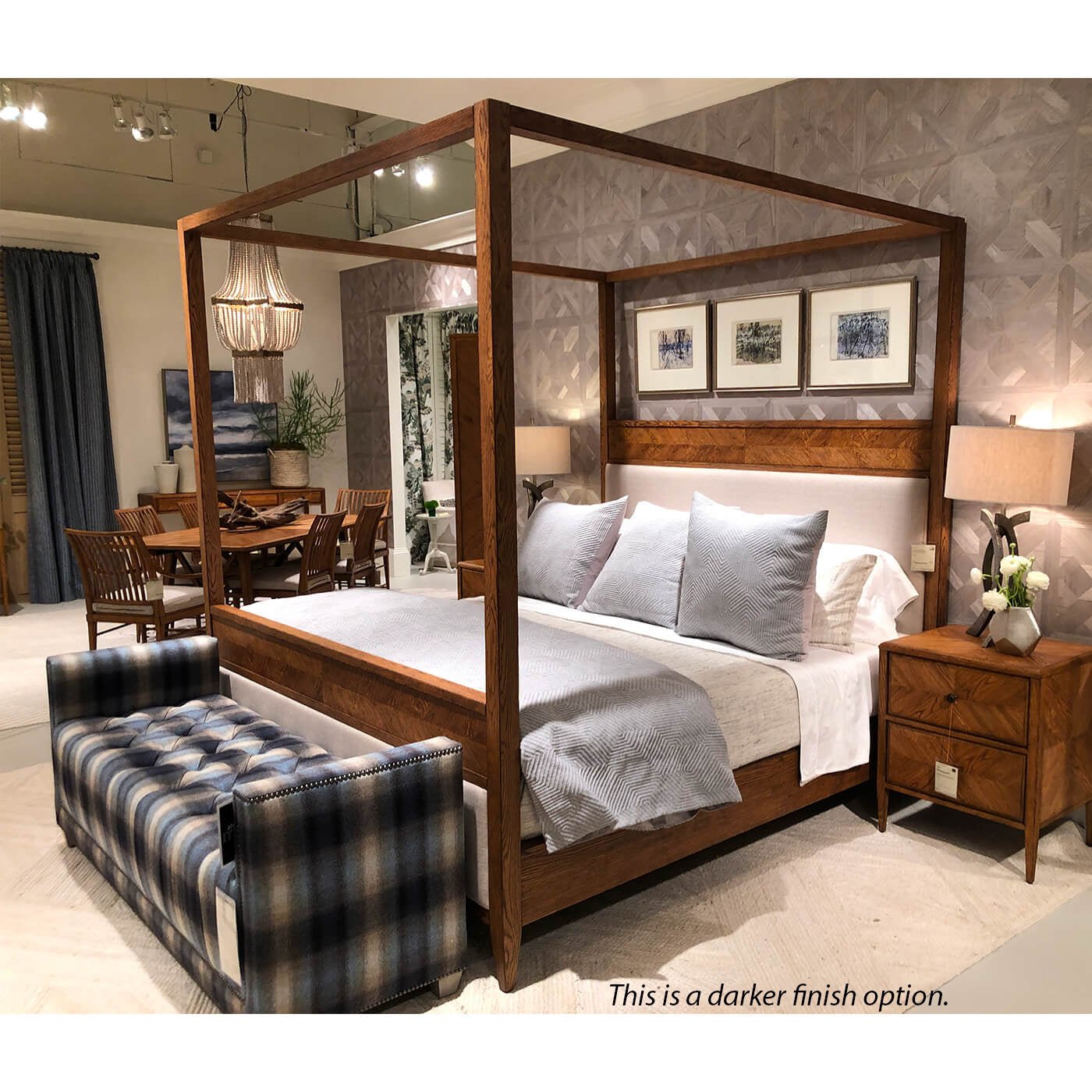Room setup with rustic oak canopy bed, darker finish.