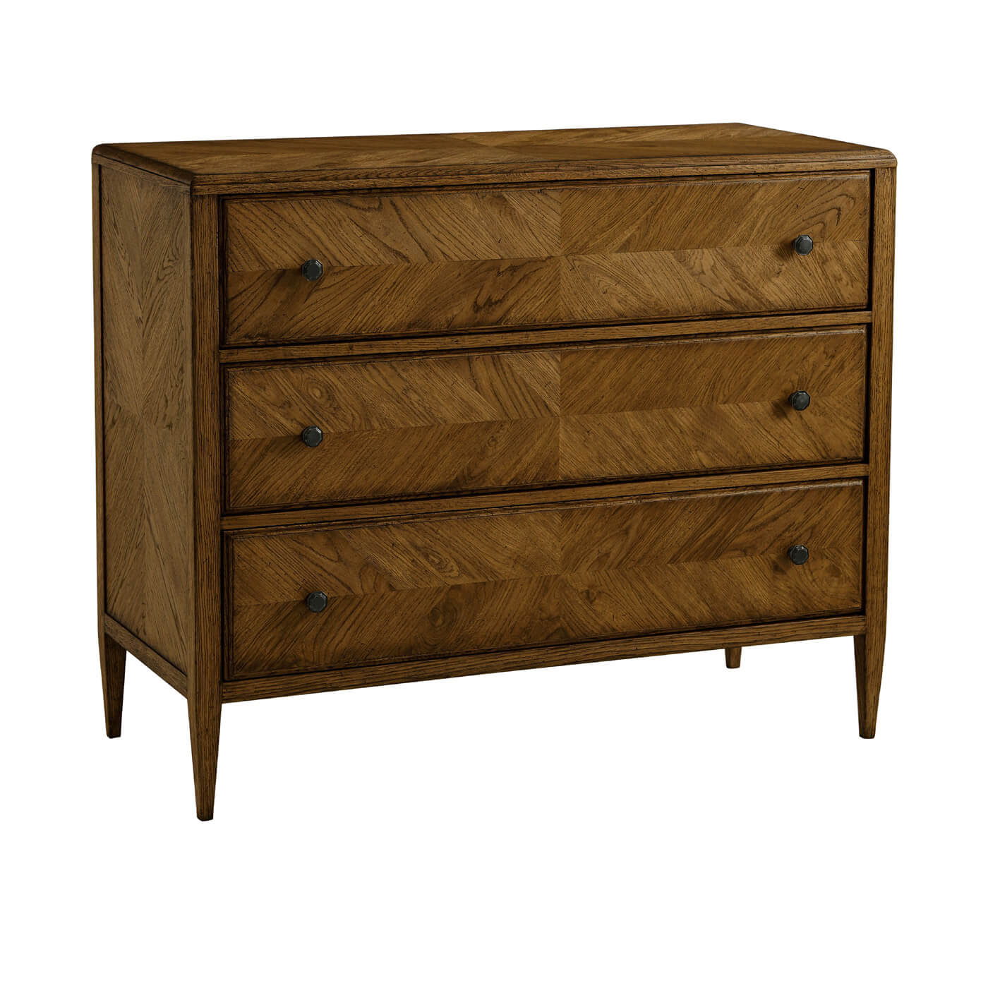 Rustic oak chest of drawers, angled view, three drawers.