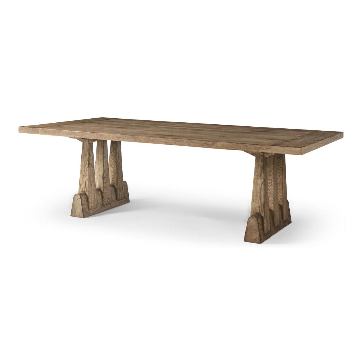 Rustic oak dining table, side view with angled legs.