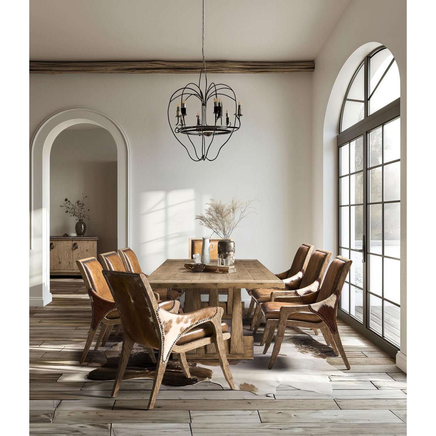 Rustic oak dining table in modern dining room scene.