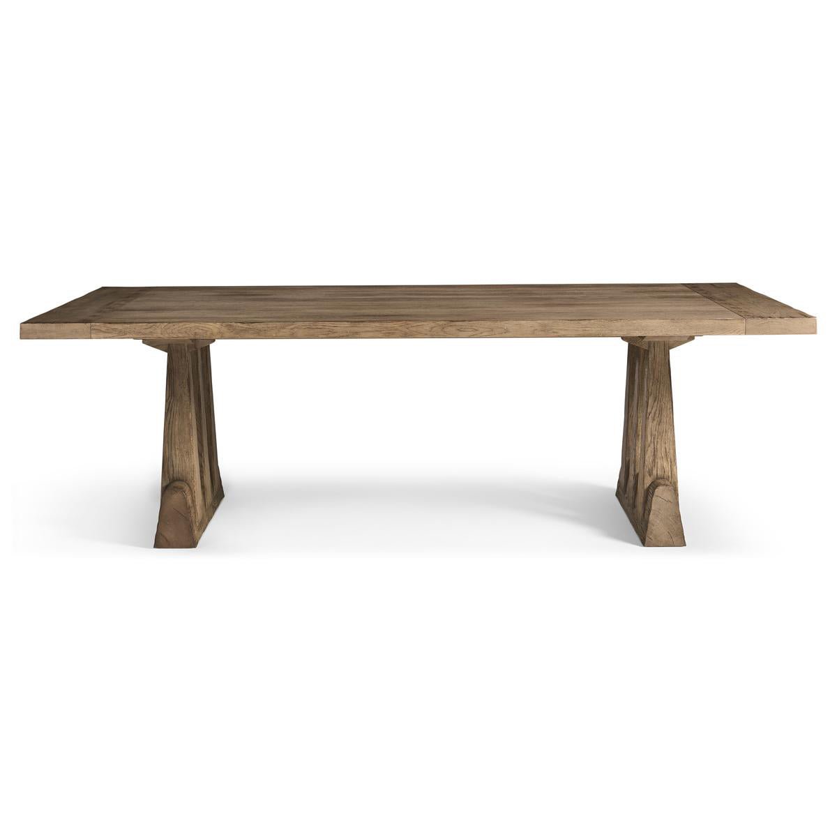 Rustic oak dining table, front view showcasing tabletop and legs.