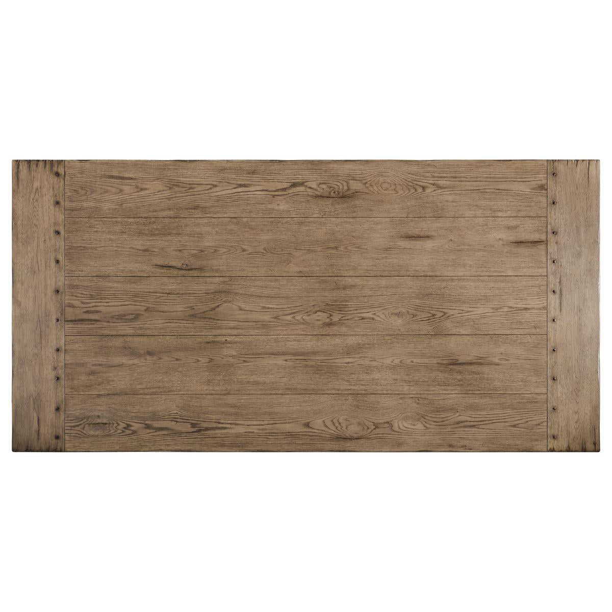 Rustic oak dining table, top view of wooden surface.