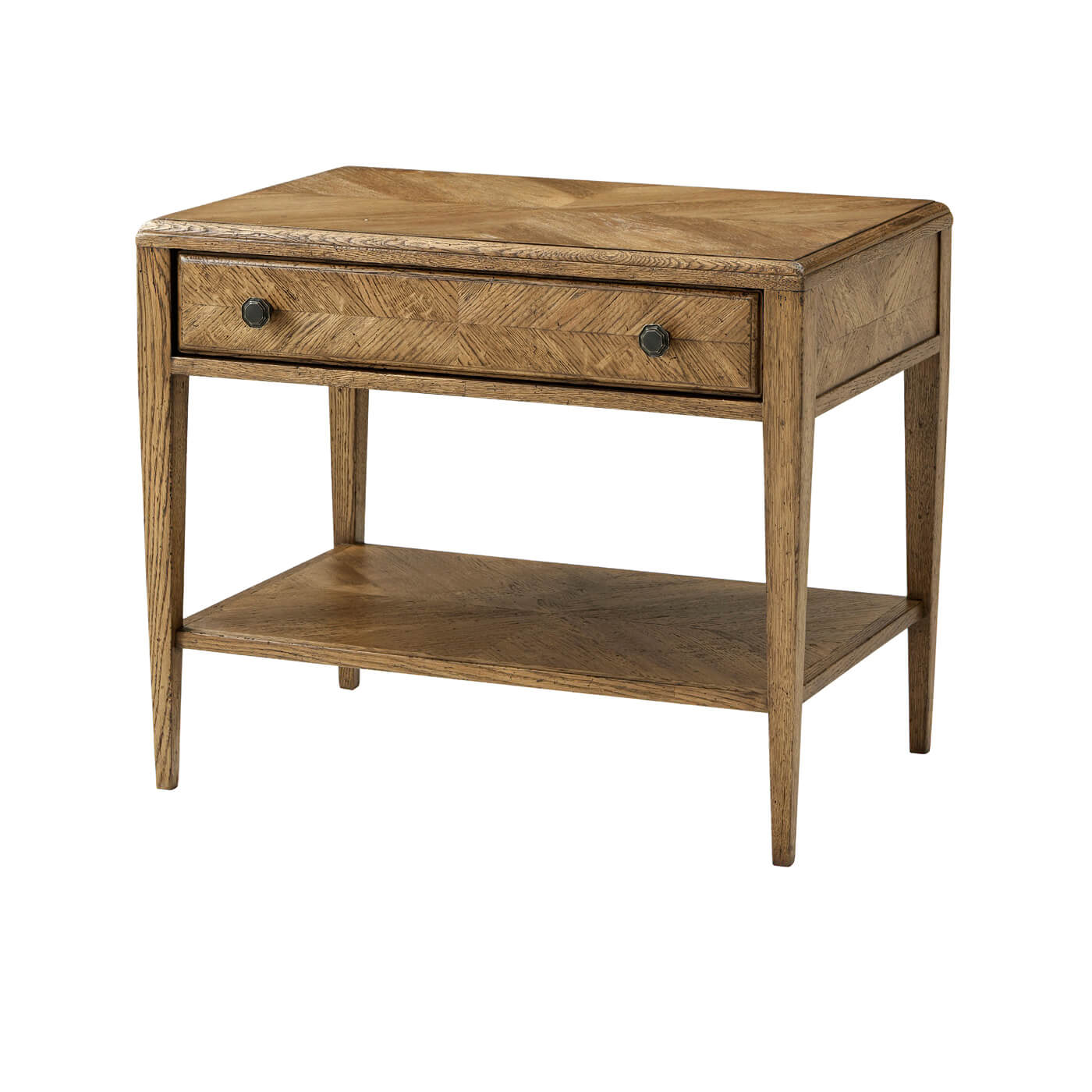 Rustic oak end table with drawer, front view.