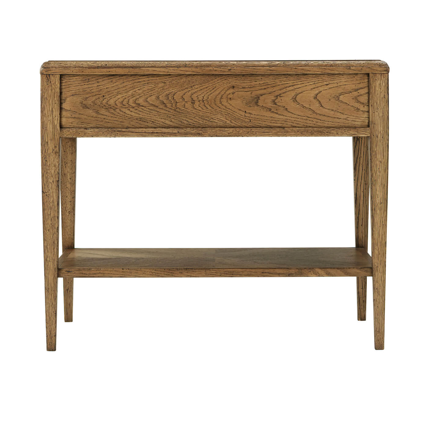 Rustic oak end table, rear view.