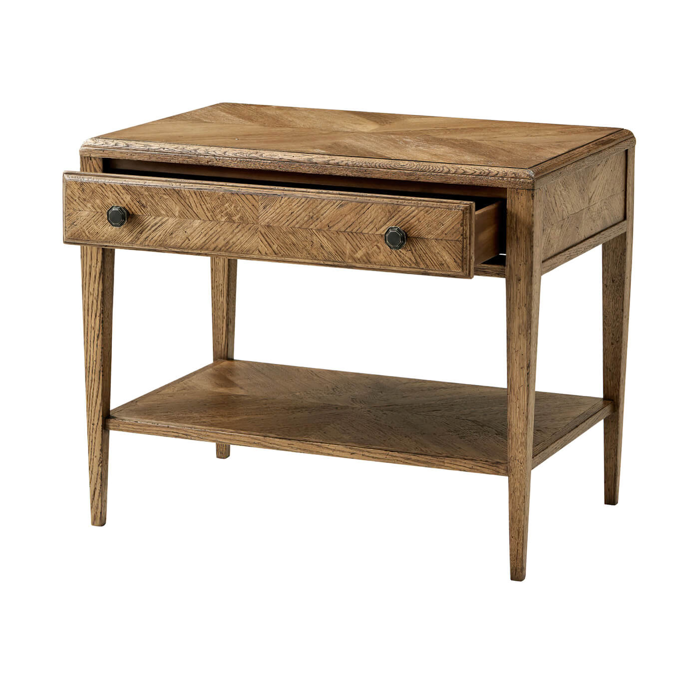 Rustic oak end table, open drawer view.