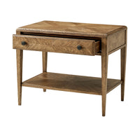 Rustic oak end table, open drawer view.