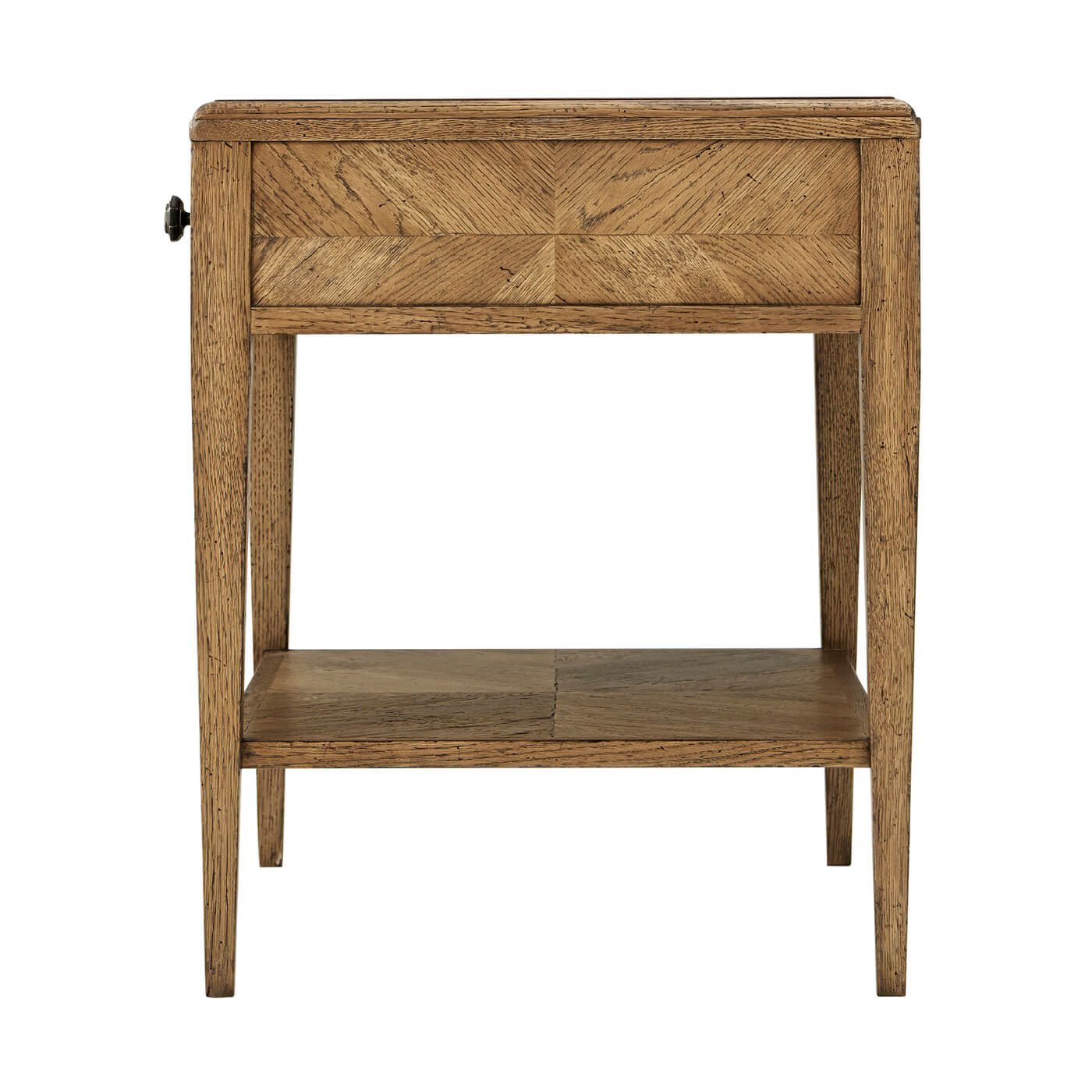 Rustic oak end table, side profile view.