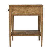 Rustic oak end table, side profile view.