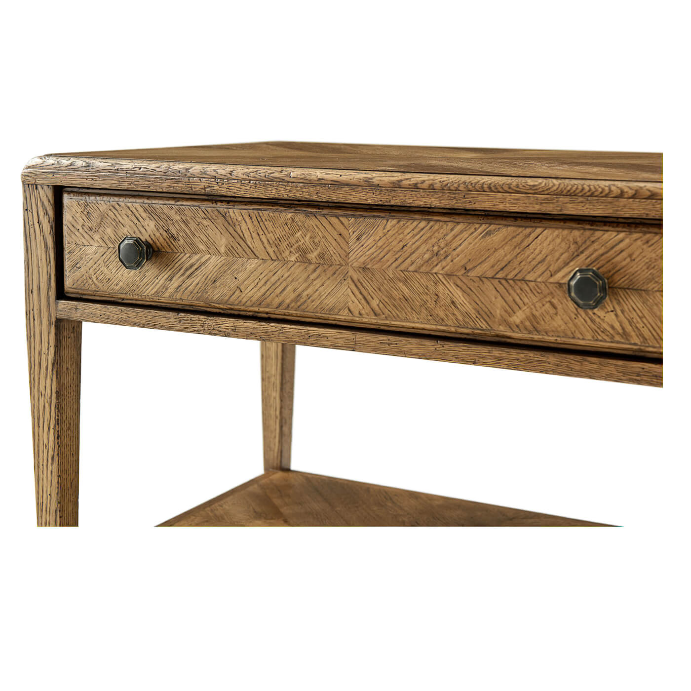 Rustic oak end table, close-up of drawer handles.